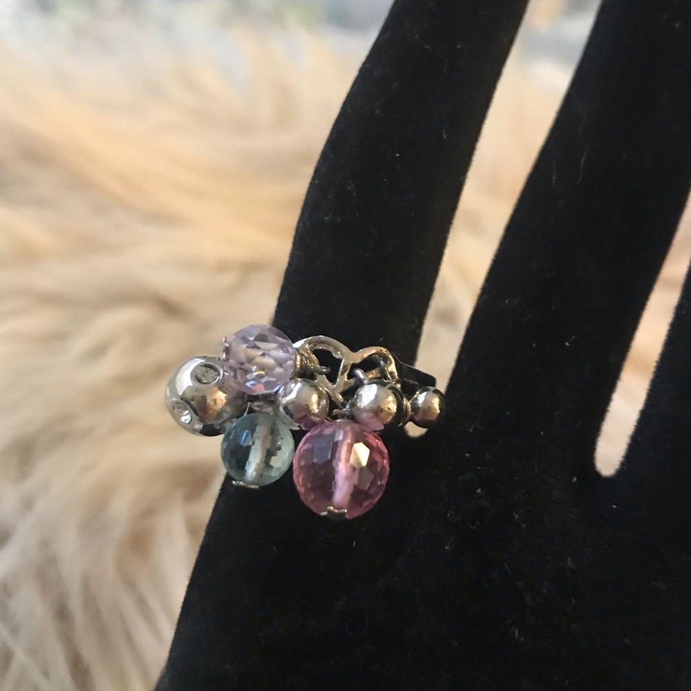 Beaded dangling  Ring Pink& Blue Silver balls 7